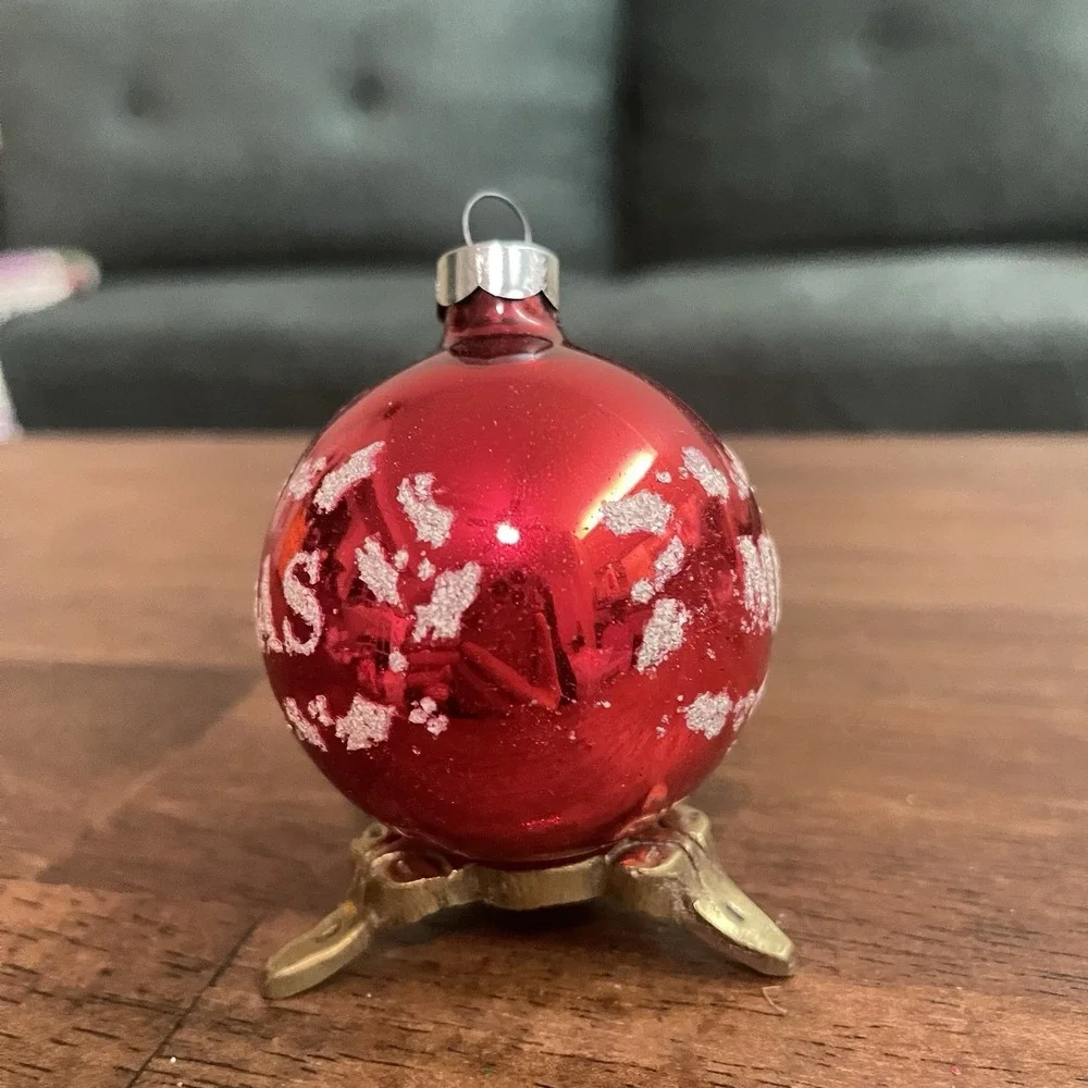 Vtg 1960 Shiny Brite Mercury Glass Merry Christmas Stencil Red Ornament 2.5
